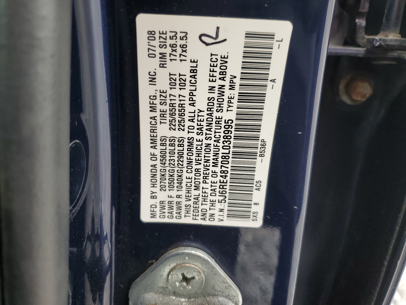 5J6RE48708L038995 2008 Honda Cr-V Exl