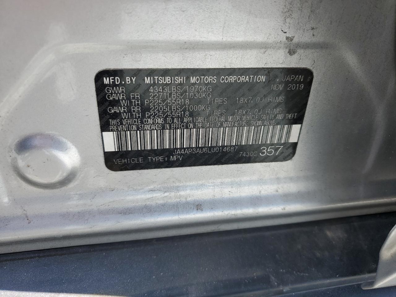 2020 Mitsubishi Outlander Sport Es VIN: JA4AP3AU6LU014687 Lot: 61689234