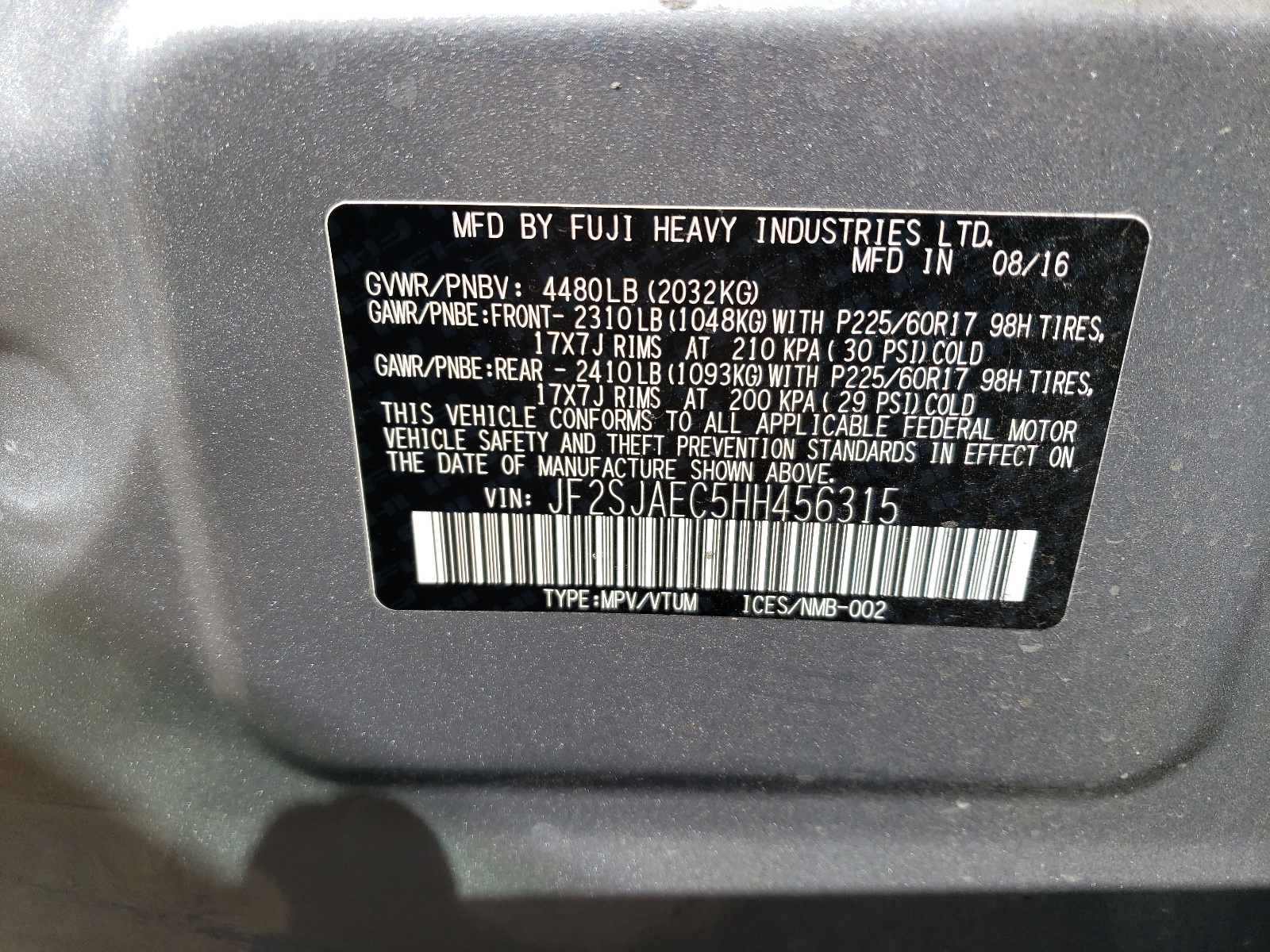 JF2SJAEC5HH456315 2017 Subaru Forester 2.5I Premium