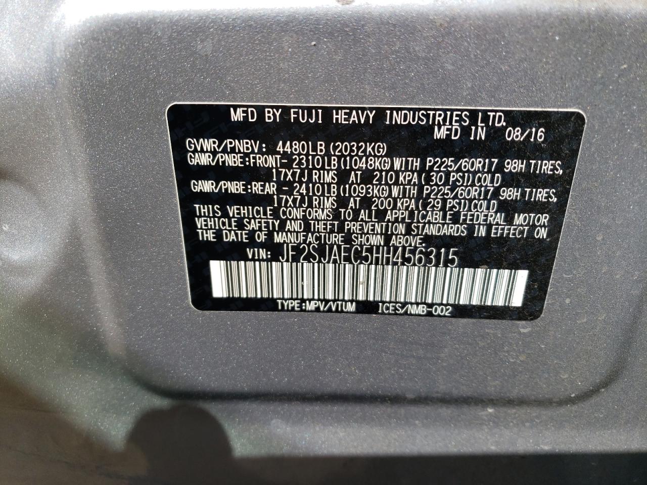 2017 Subaru Forester 2.5I Premium VIN: JF2SJAEC5HH456315 Lot: 65609294