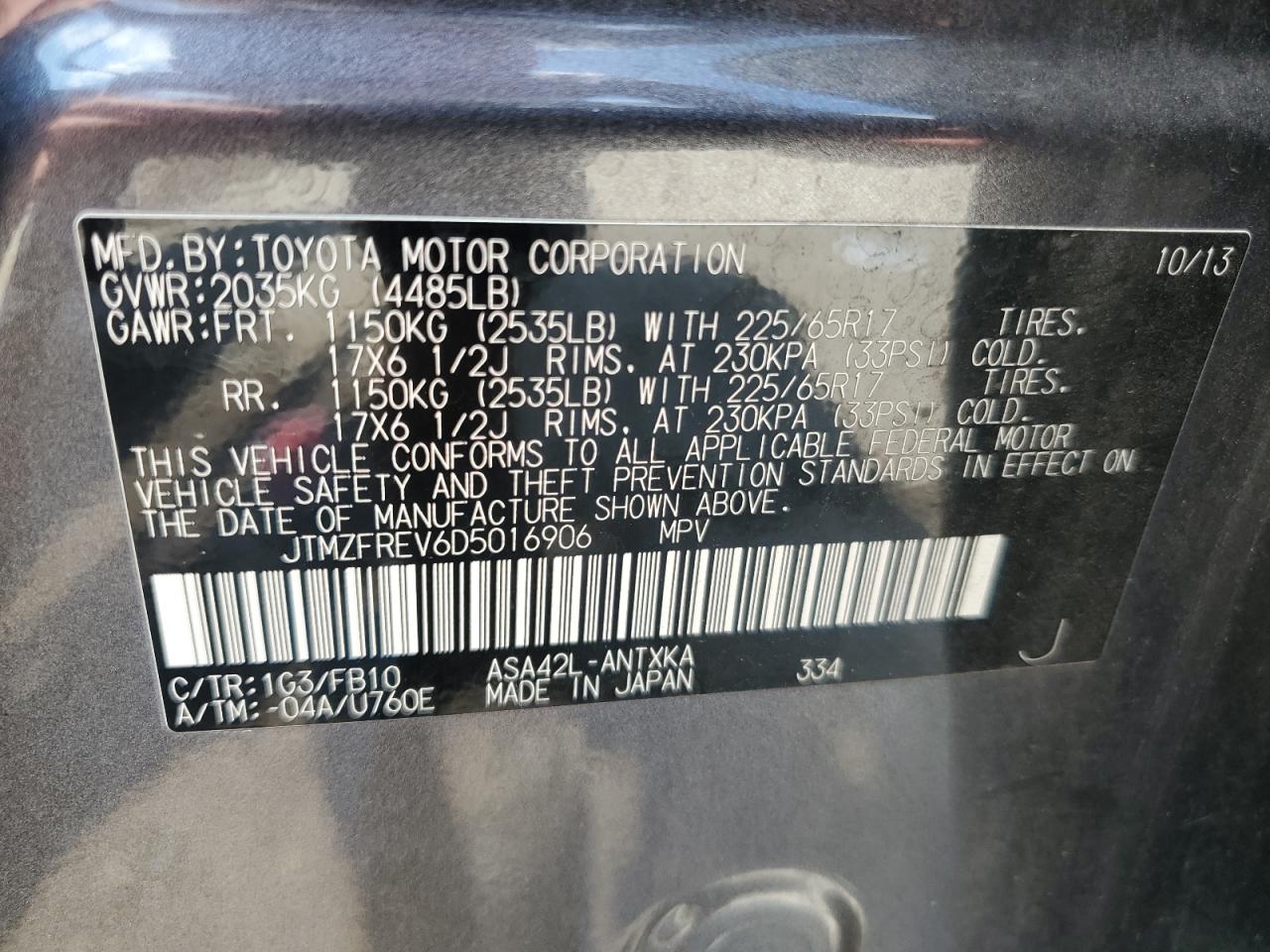 2013 Toyota Rav4 Le VIN: JTMZFREV6D5016906 Lot: 62679854