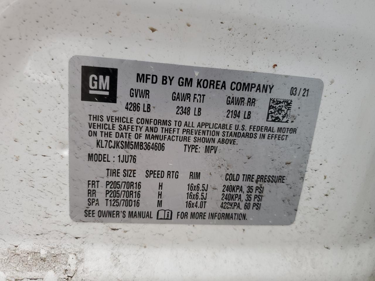 2021 Chevrolet Trax Ls VIN: KL7CJKSM5MB364606 Lot: 64810574