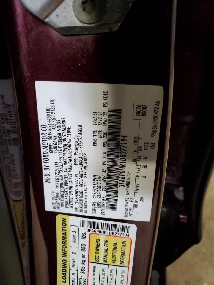 2013 Ford Fusion Se VIN: 3FA6P0HR1DR277194 Lot: 63076904