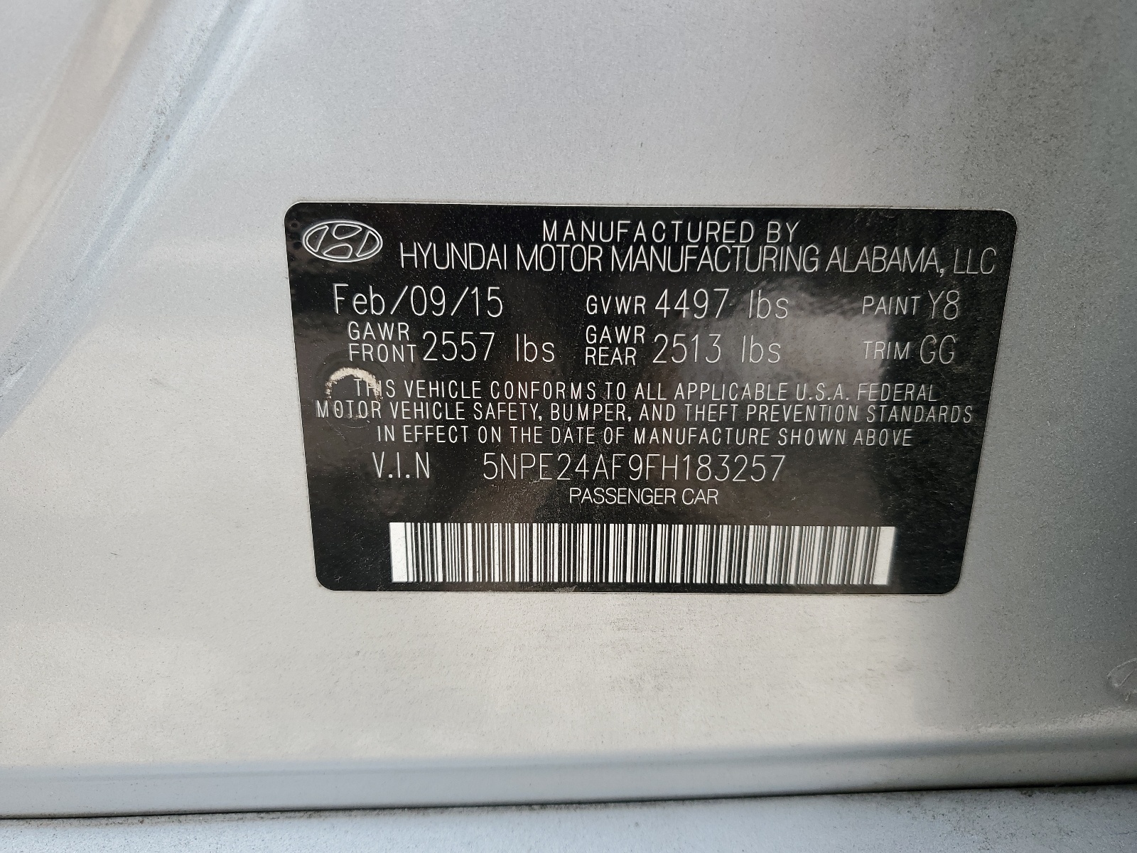5NPE24AF9FH183257 2015 Hyundai Sonata Se