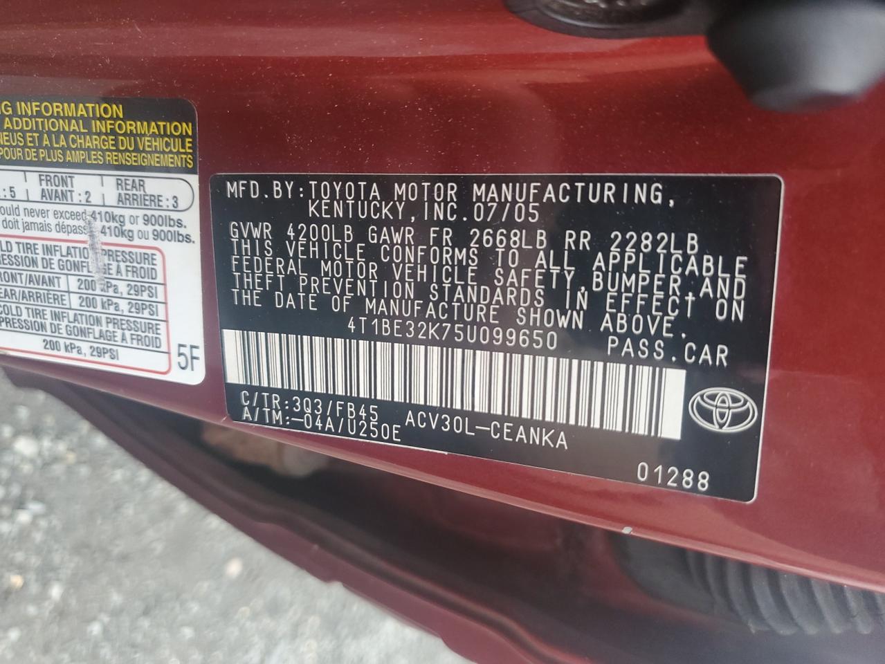 2005 Toyota Camry Le VIN: 4T1BE32K75U099650 Lot: 63582884