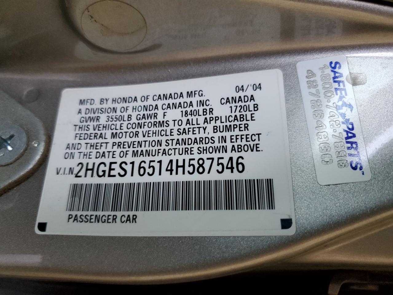 2004 Honda Civic Lx VIN: 2HGES16514H587546 Lot: 63362774