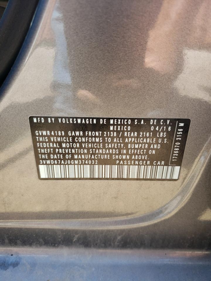 2016 Volkswagen Jetta Se VIN: 3VWD67AJ0GM374032 Lot: 61640324