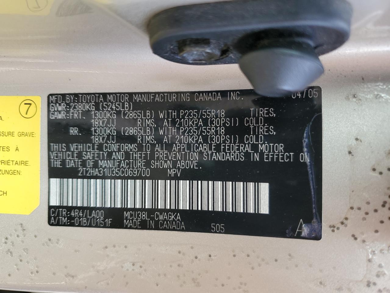 2005 Lexus Rx 330 VIN: 2T2HA31U35C069700 Lot: 61885234