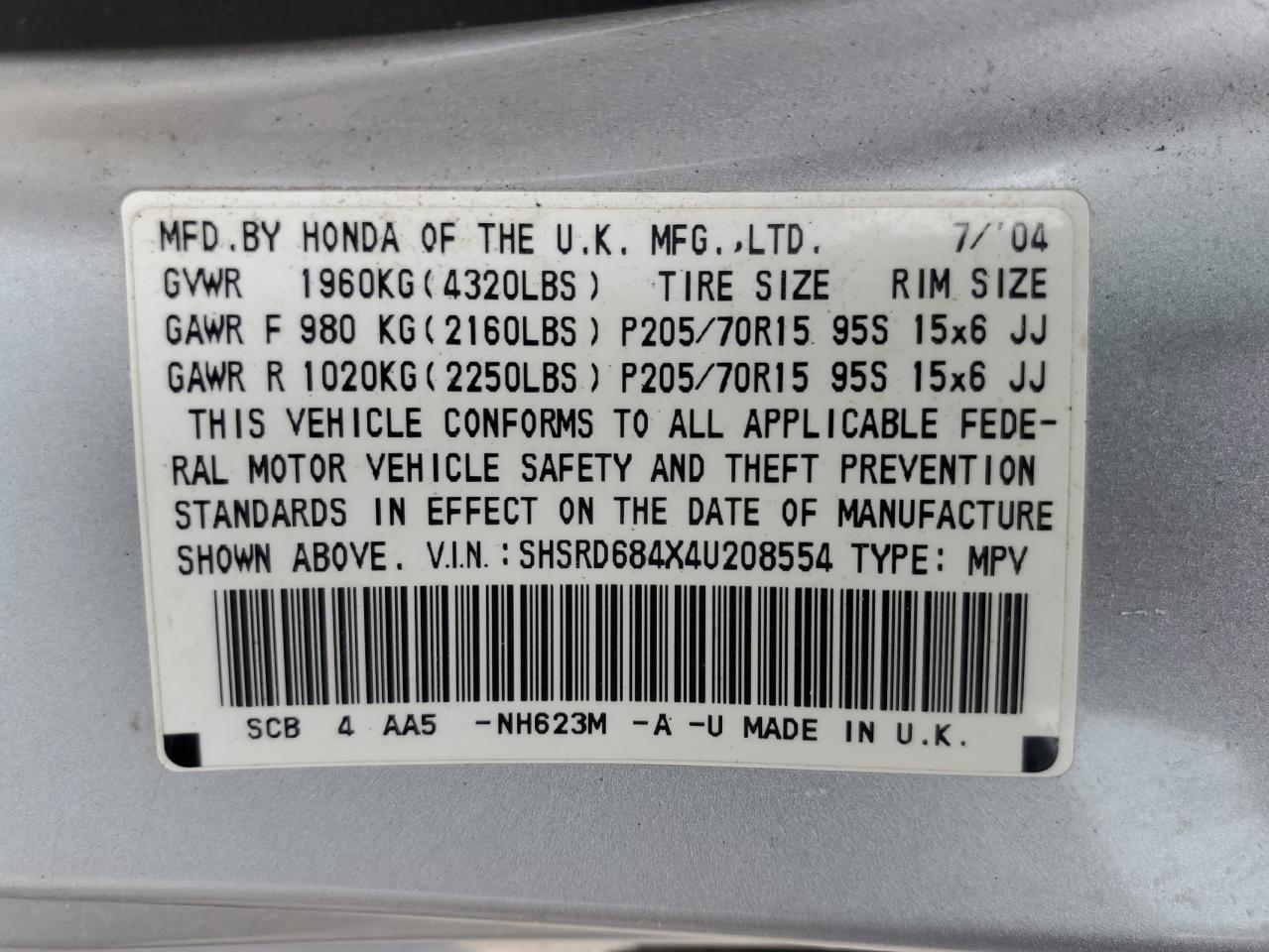 2004 Honda Cr-V Lx VIN: SHSRD684X4U208554 Lot: 61908924