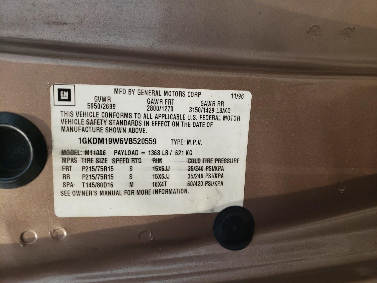 1997 GMC Safari Xt VIN: 1GKDM19W6VB520559 Lot: 63256384