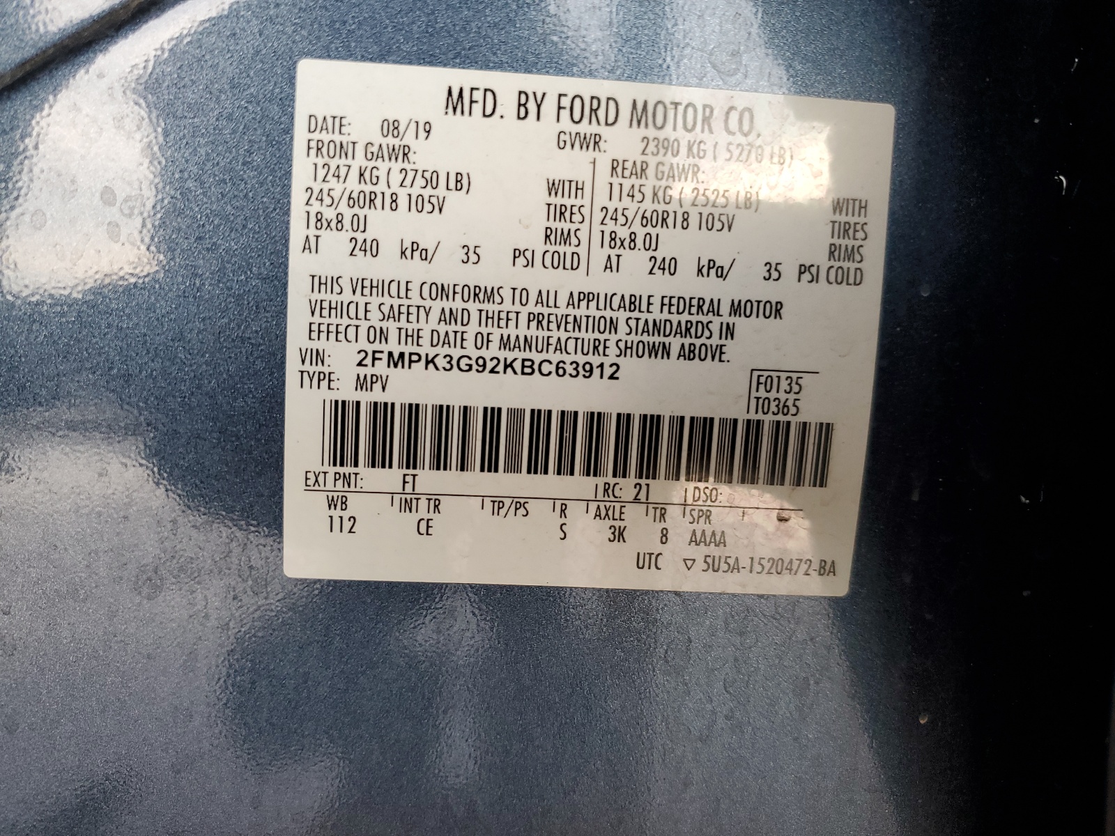 2FMPK3G92KBC63912 2019 Ford Edge Se