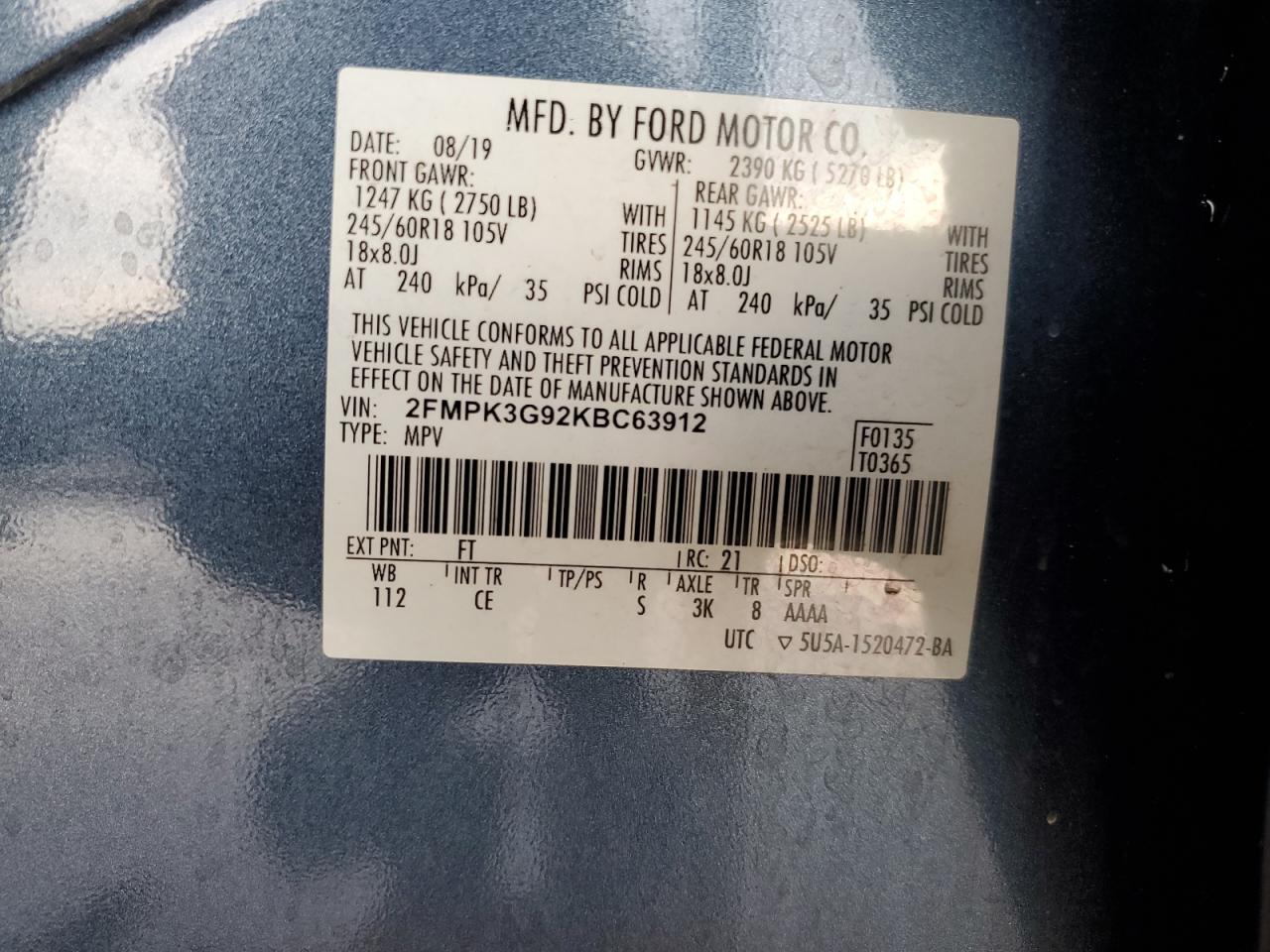 2019 Ford Edge Se VIN: 2FMPK3G92KBC63912 Lot: 65211754