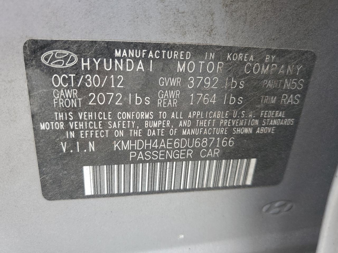 2013 Hyundai Elantra Gls VIN: KMHDH4AE6DU687166 Lot: 64835874