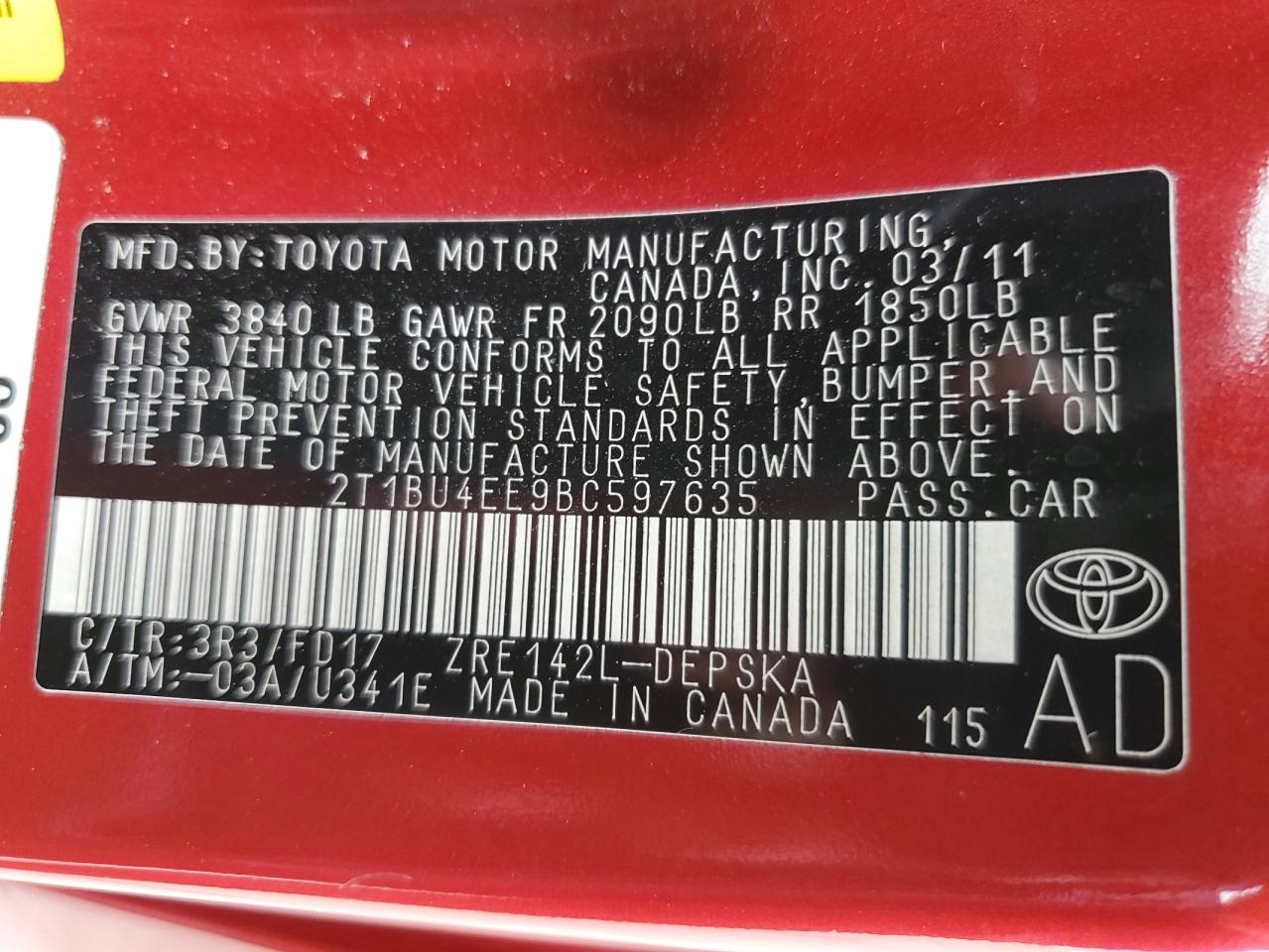 2T1BU4EE9BC597635 2011 Toyota Corolla Base