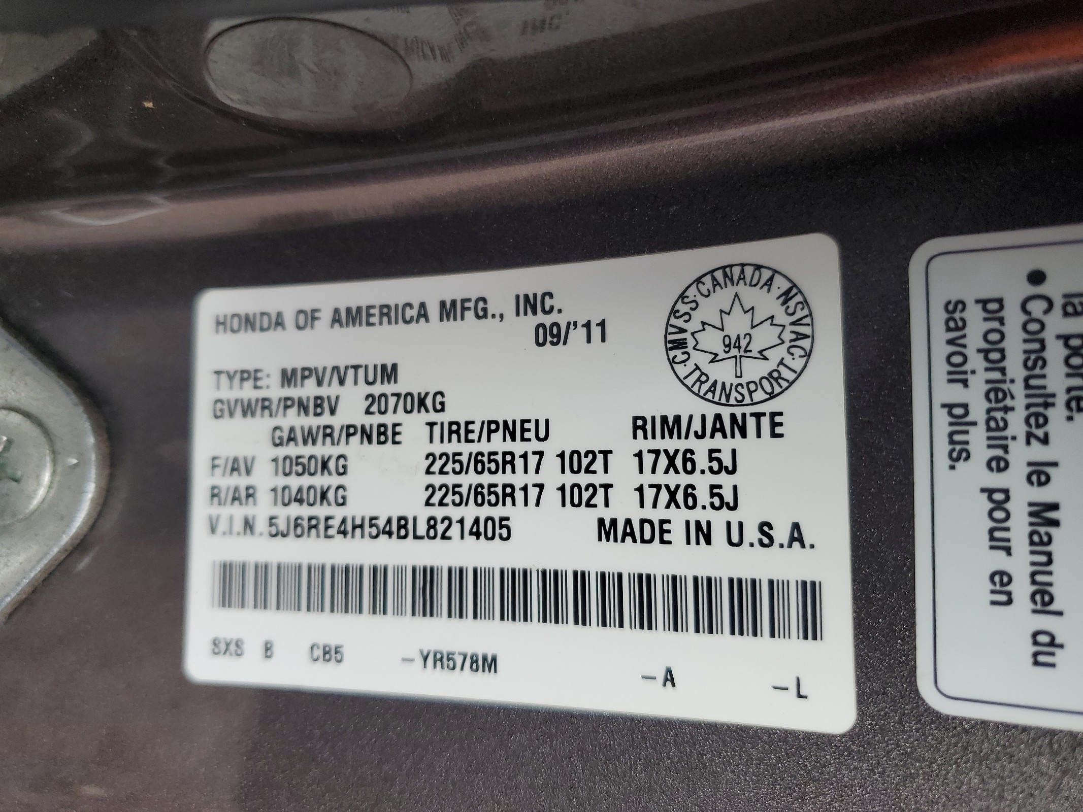 5J6RE4H54BL821405 2011 Honda Cr-V Ex