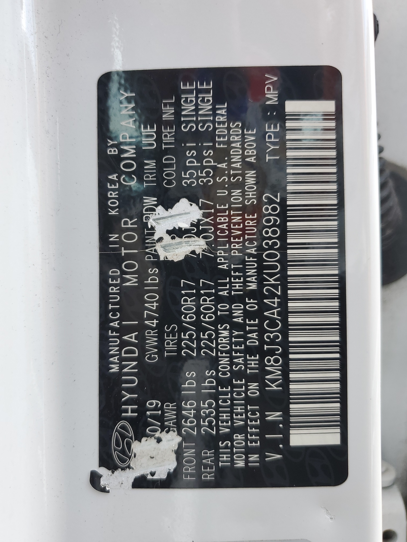 KM8J3CA42KU038982 2019 Hyundai Tucson Limited