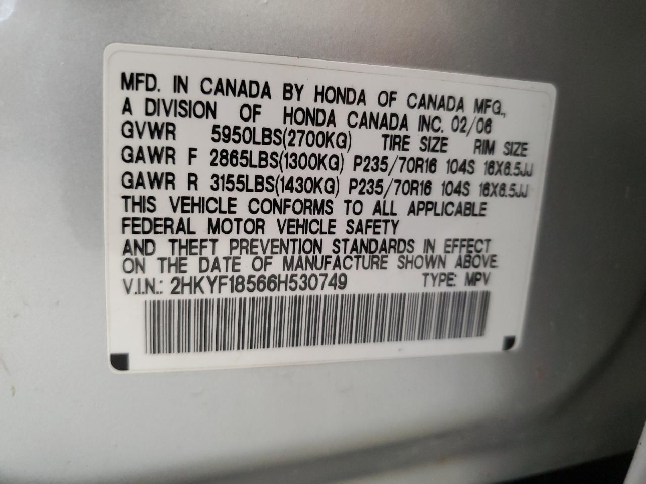 2006 Honda Pilot Ex VIN: 2HKYF18566H530749 Lot: 62406094