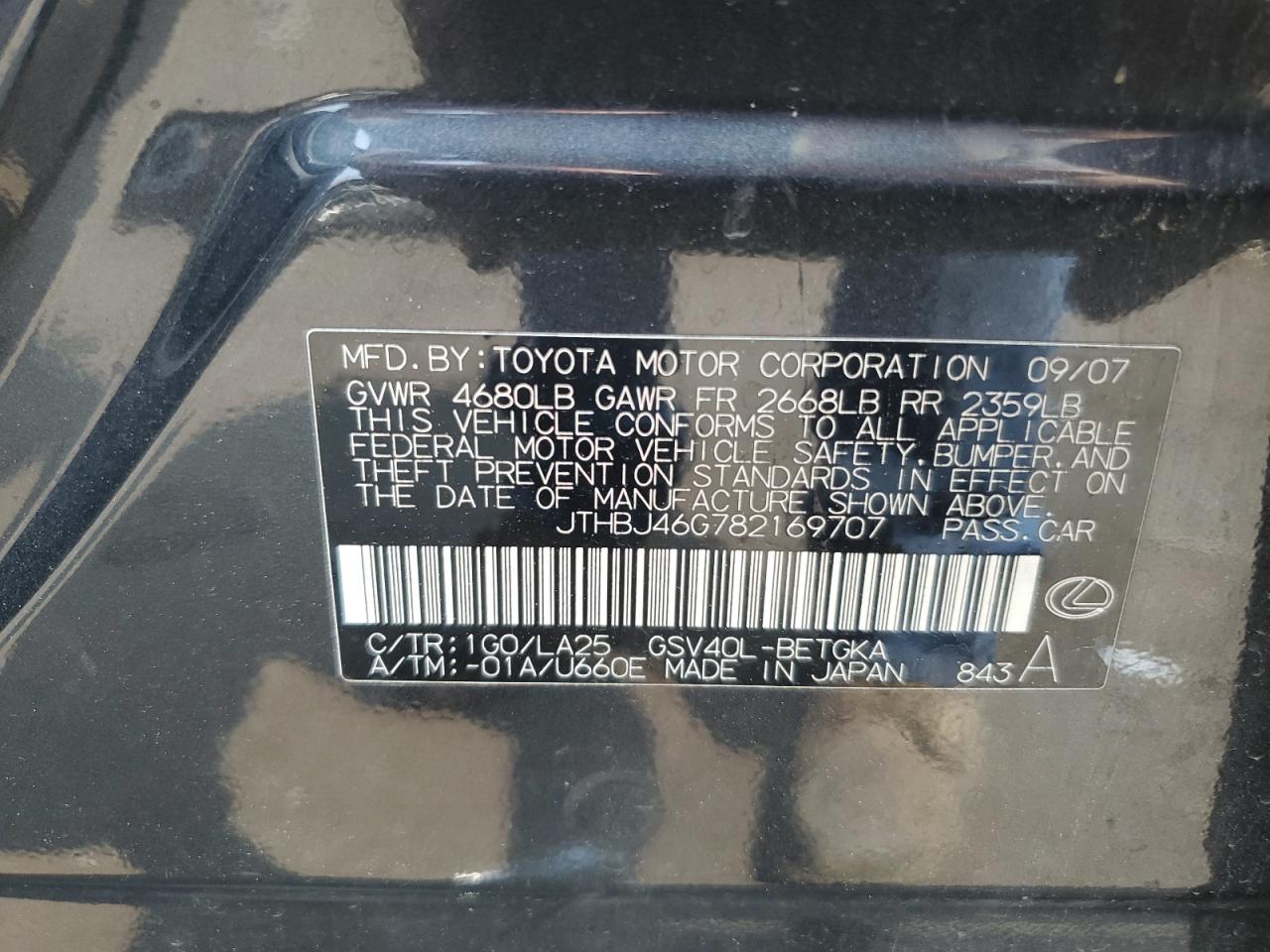 2008 Lexus Es 350 VIN: JTHBJ46G782169707 Lot: 64627724