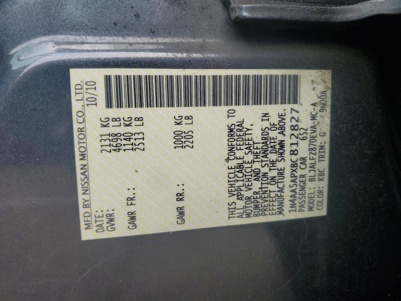 2011 Nissan Maxima S VIN: 1N4AA5APXBC812827 Lot: 65614114