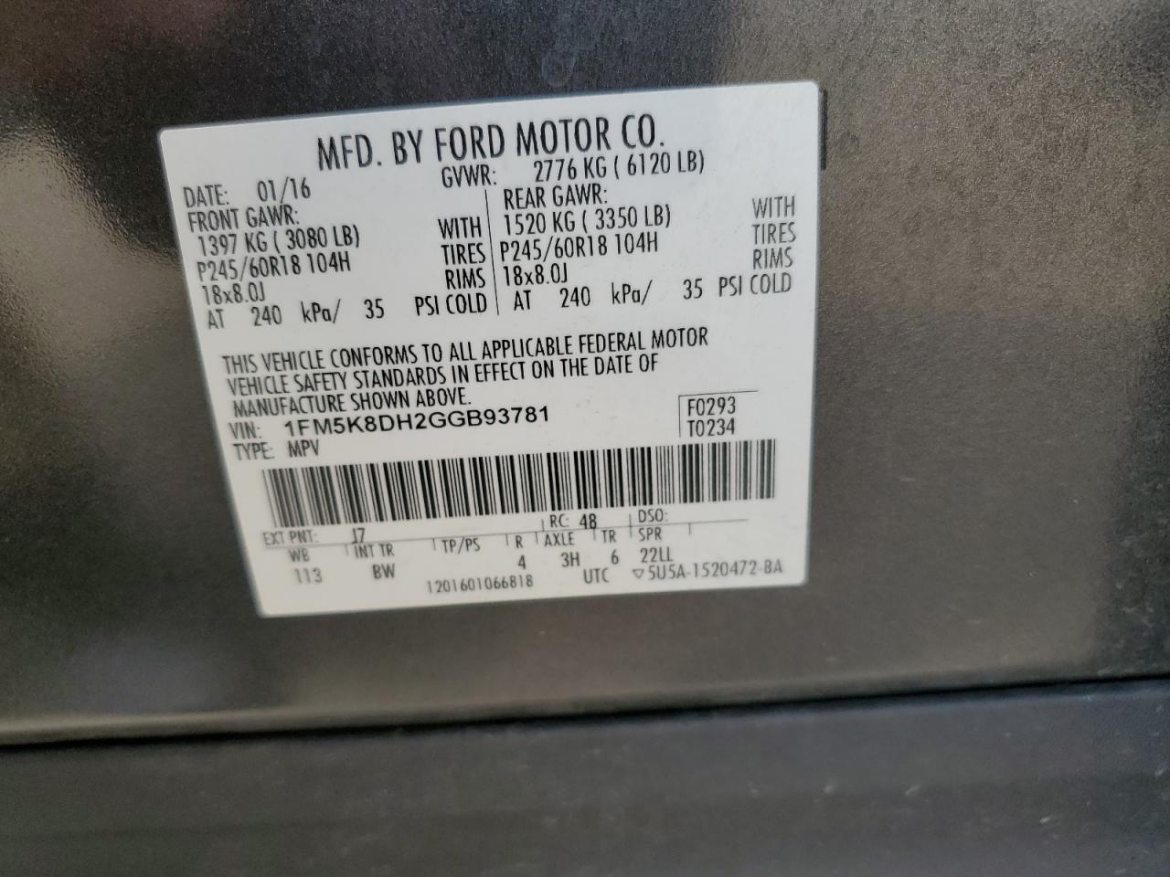 2016 Ford Explorer Xlt VIN: 1FM5K8DH2GGB93781 Lot: 61414314