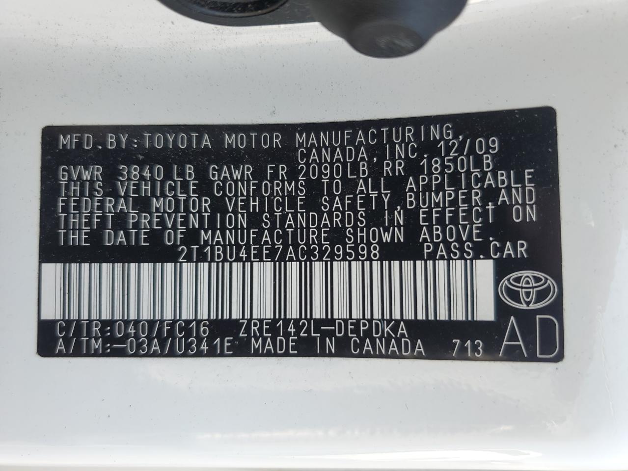 2T1BU4EE7AC329598 2010 Toyota Corolla Base