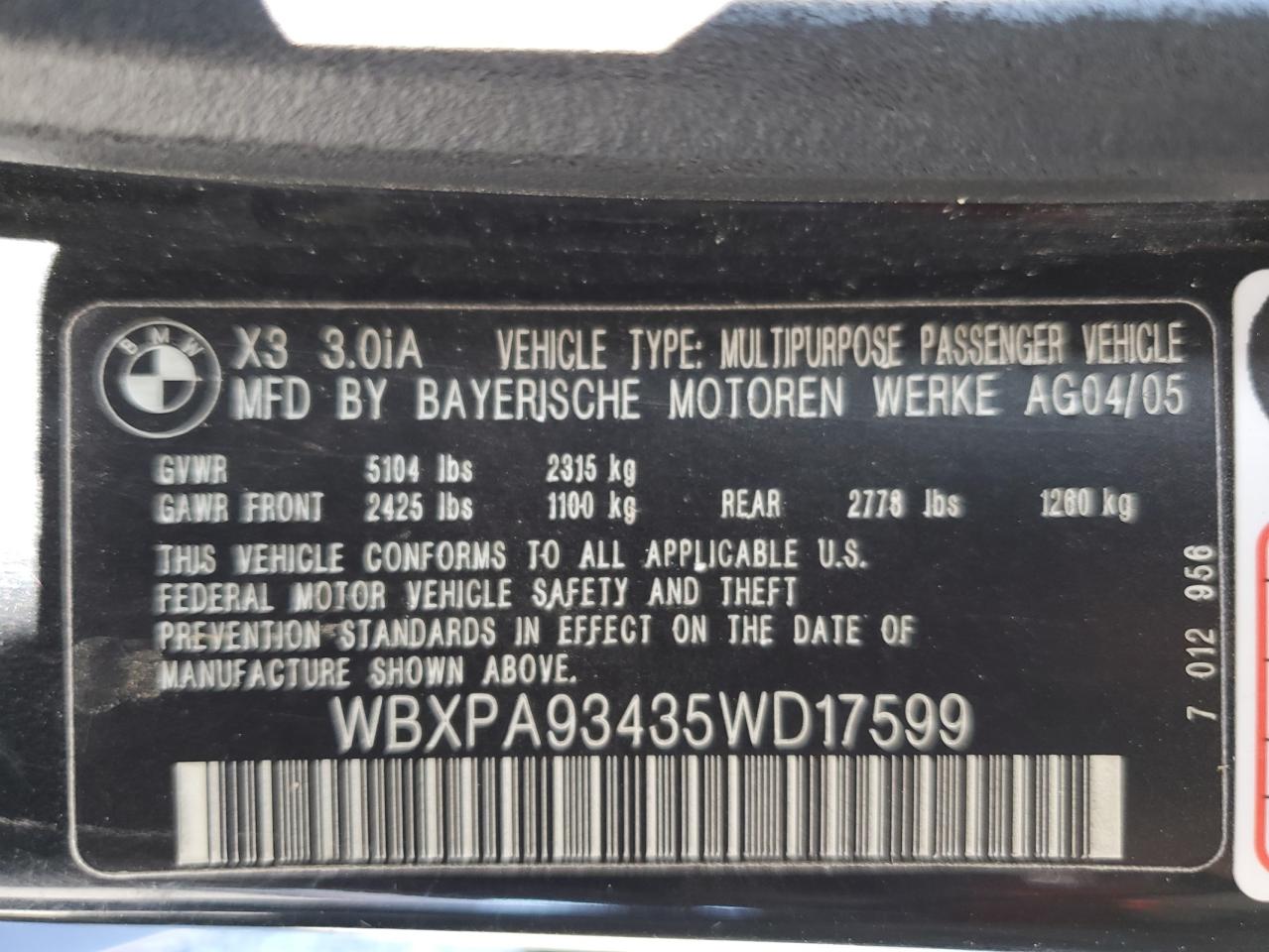 2005 BMW X3 3.0I VIN: WBXPA93435WD17599 Lot: 60958154