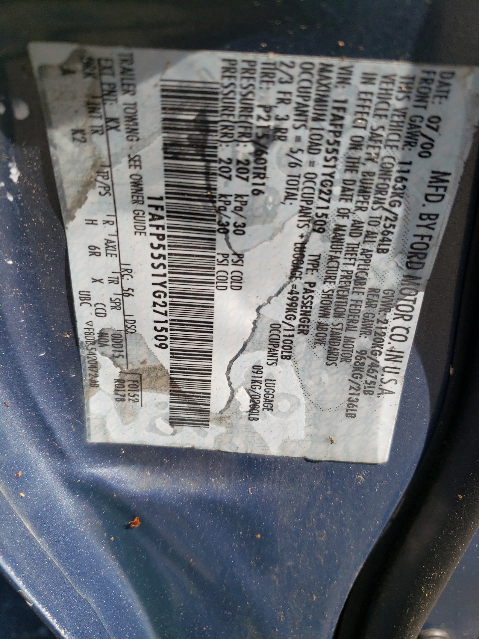 1FAFP55S1YG271509 2000 Ford Taurus Ses