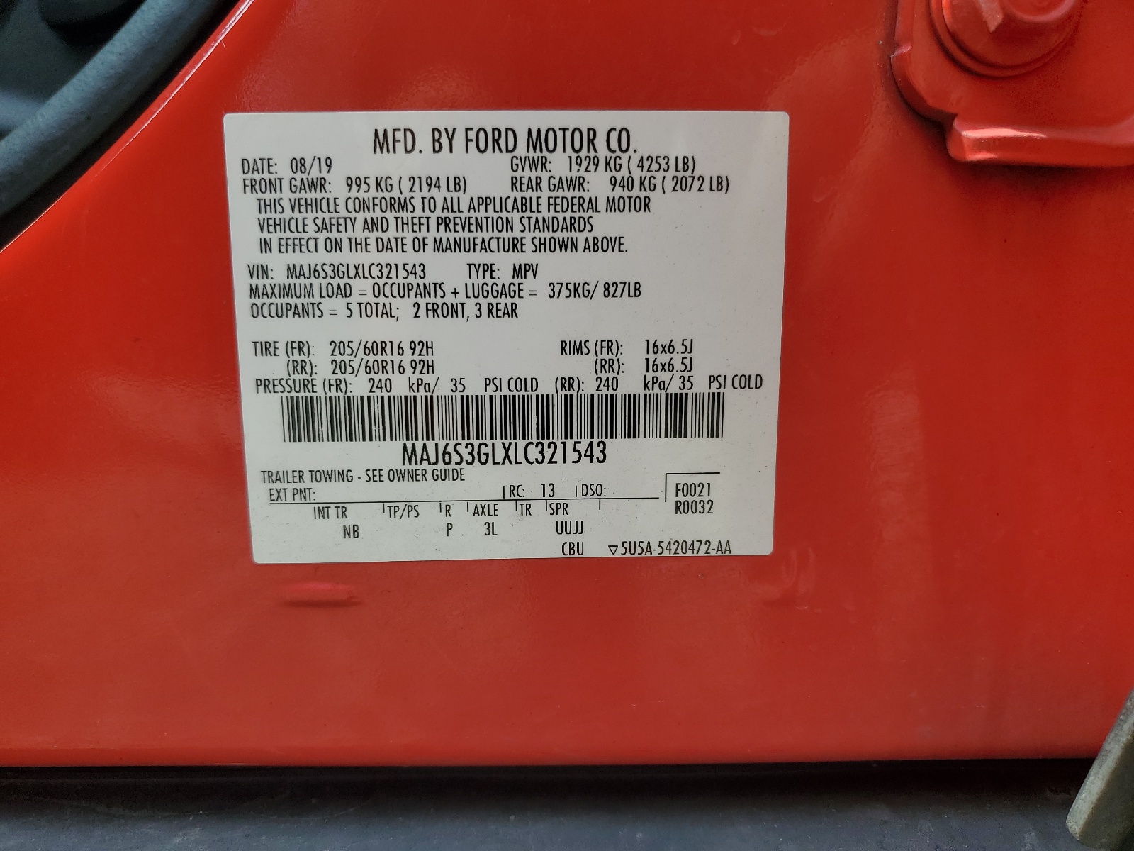 MAJ6S3GLXLC321543 2020 Ford Ecosport Se