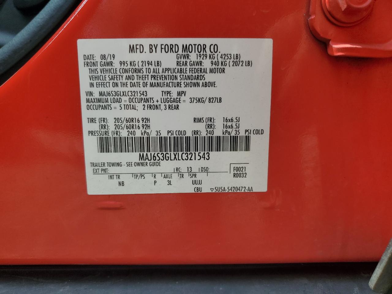 2020 Ford Ecosport Se VIN: MAJ6S3GLXLC321543 Lot: 63425374