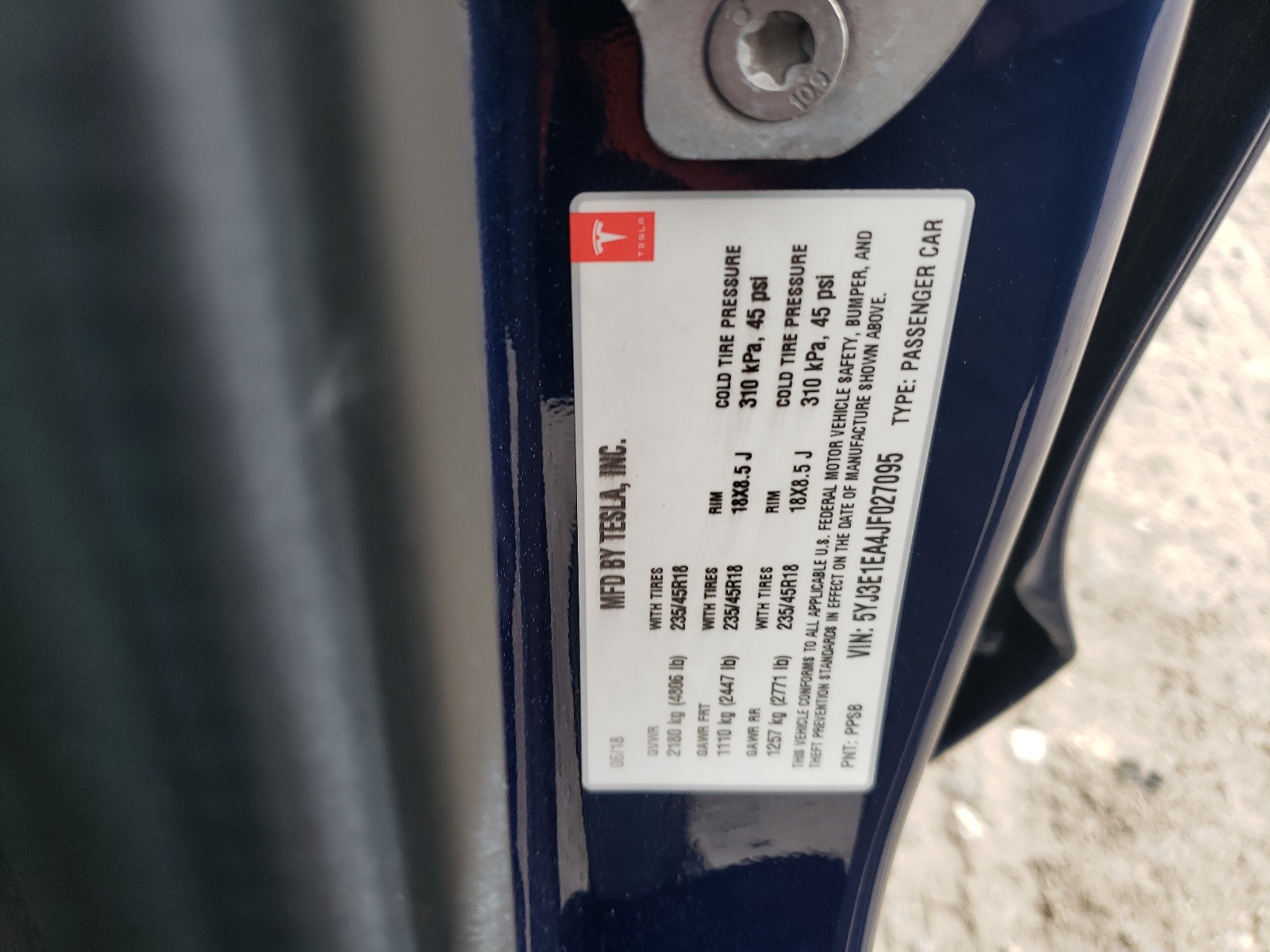 5YJ3E1EA4JF027095 2018 Tesla Model 3