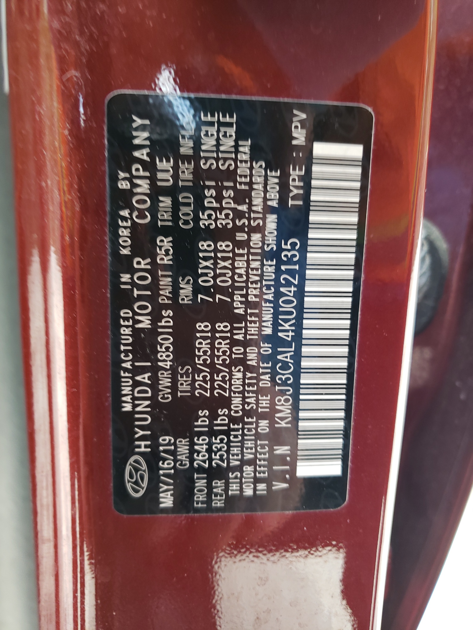 KM8J3CAL4KU042135 2019 Hyundai Tucson Limited