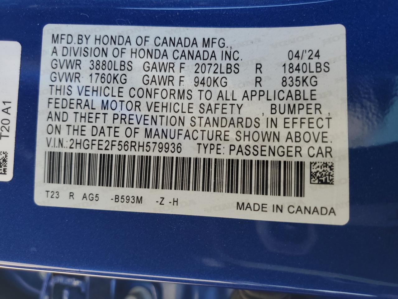 2024 Honda Civic Sport VIN: 2HGFE2F56RH579936 Lot: 62413334