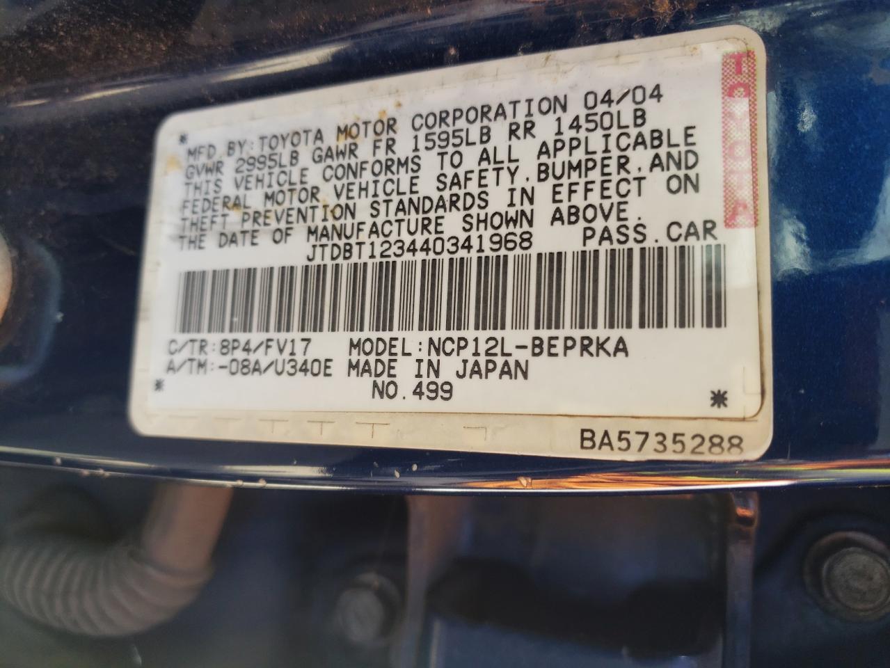 2004 Toyota Echo VIN: JTDBT123440341968 Lot: 64770264