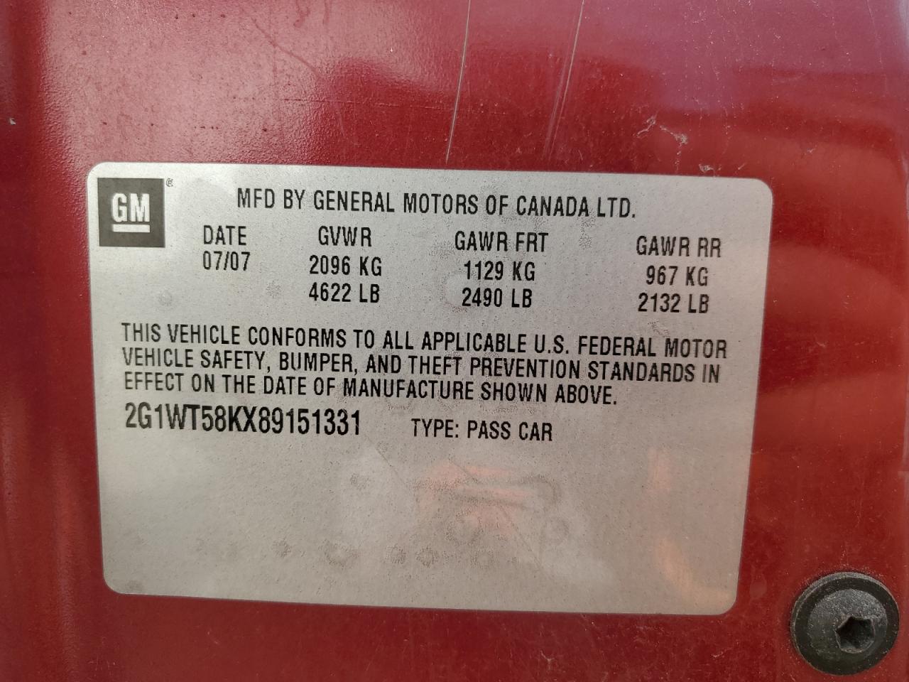 2008 Chevrolet Impala Lt VIN: 2G1WT58KX89151331 Lot: 63648444