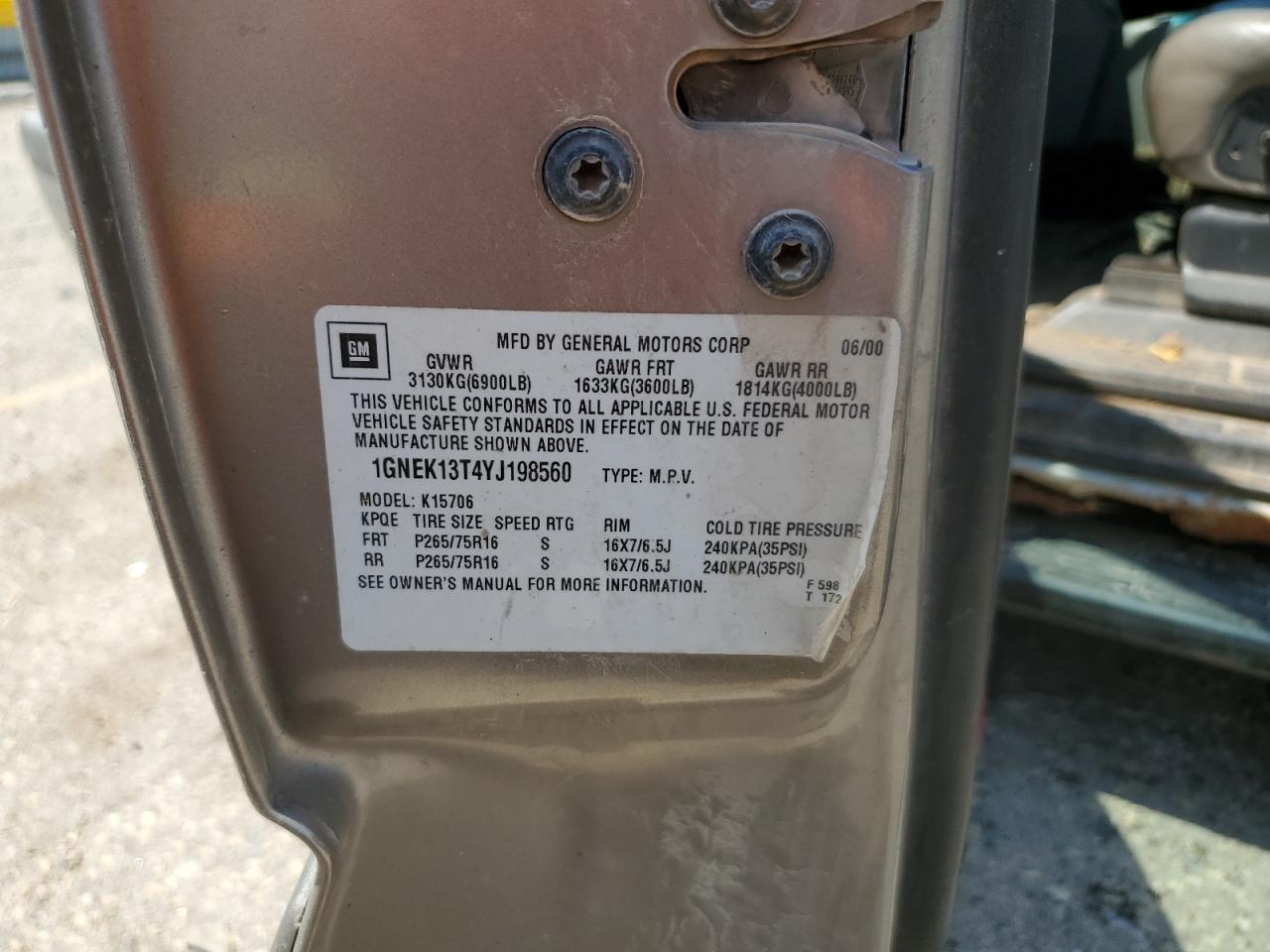 2000 Chevrolet Tahoe K1500 VIN: 1GNEK13T4YJ198560 Lot: 61814654