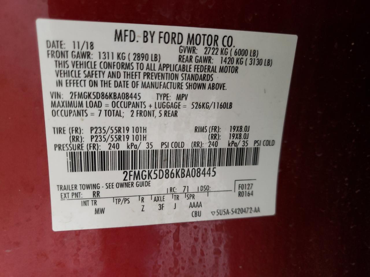 2019 Ford Flex Limited VIN: 2FMGK5D86KBA08445 Lot: 62311254