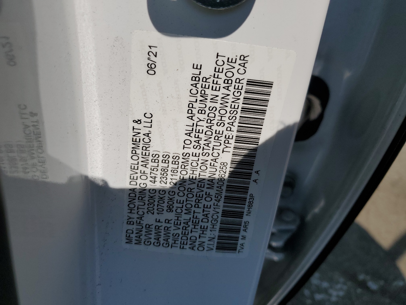 1HGCV1F45MA086258 2021 Honda Accord Sport Se