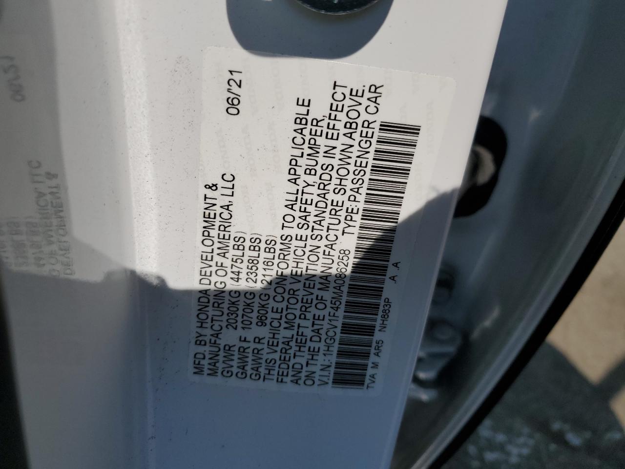 2021 Honda Accord Sport Se VIN: 1HGCV1F45MA086258 Lot: 64980524