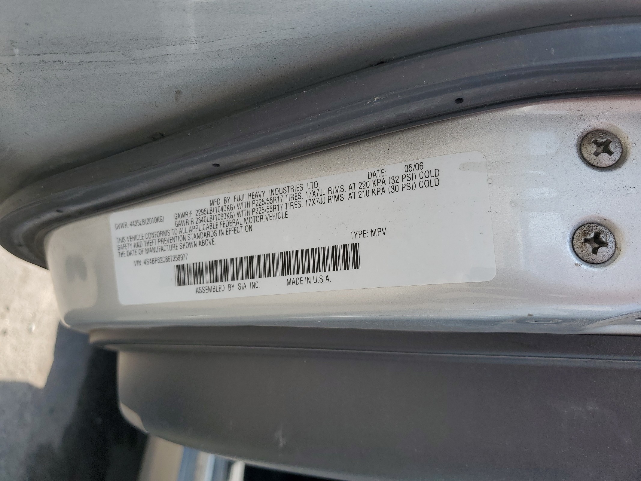 4S4BP62C867359977 2006 Subaru Legacy Outback 2.5I Limited