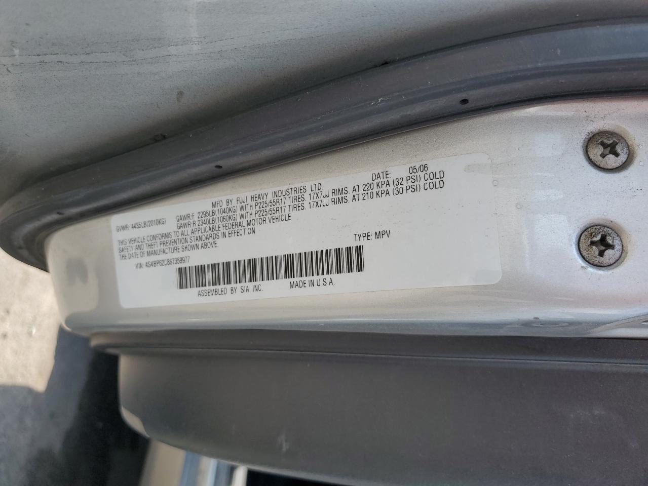 2006 Subaru Legacy Outback 2.5I Limited VIN: 4S4BP62C867359977 Lot: 63440434