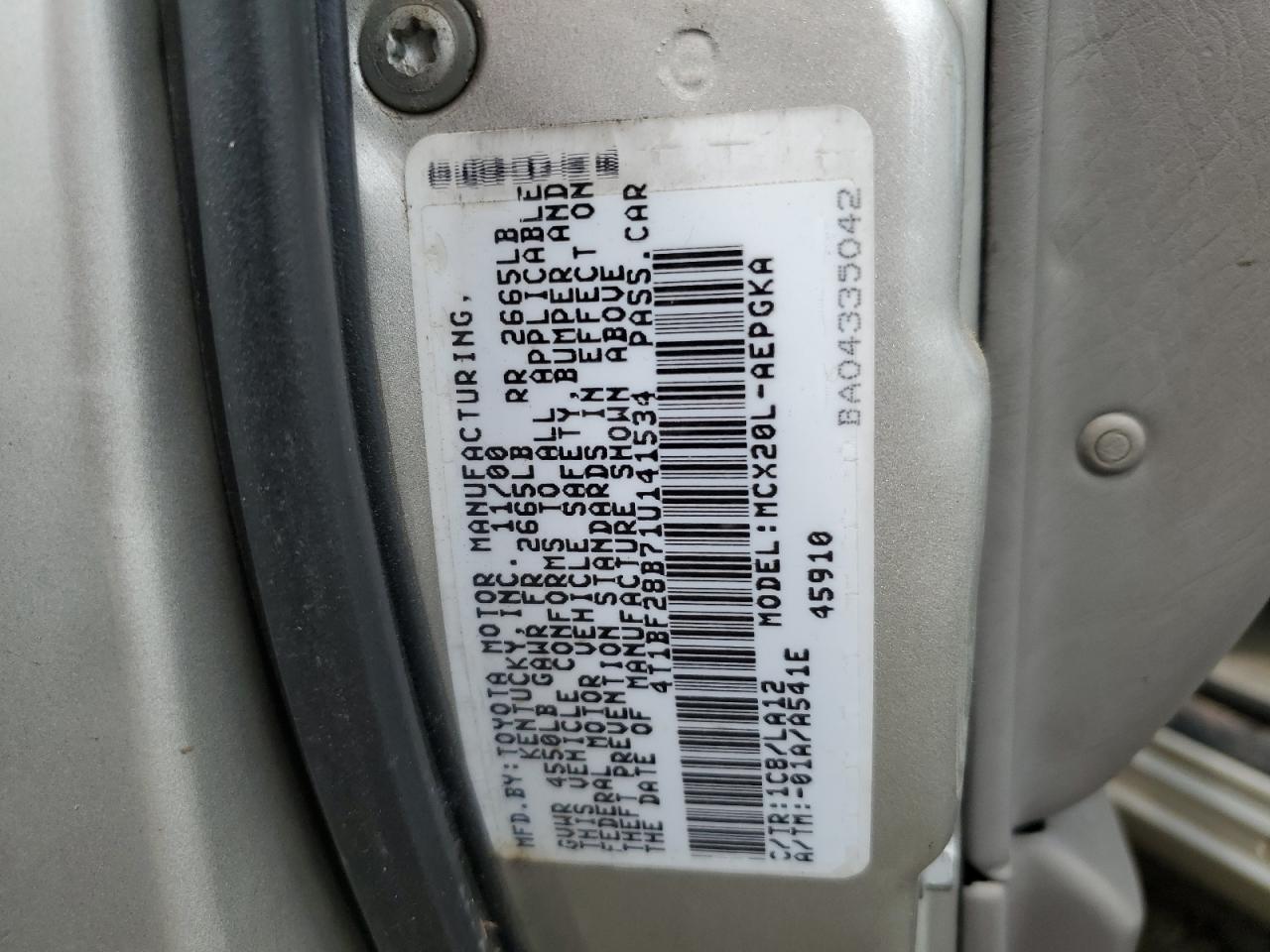 2001 Toyota Avalon Xl VIN: 4T1BF28B71U141534 Lot: 64039234