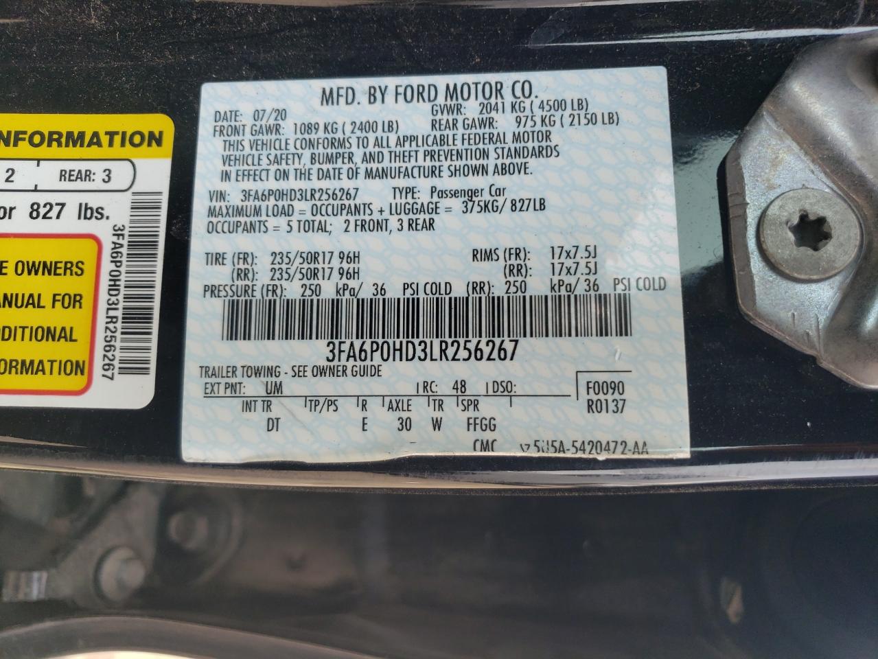 3FA6P0HD3LR256267 2020 Ford Fusion Se