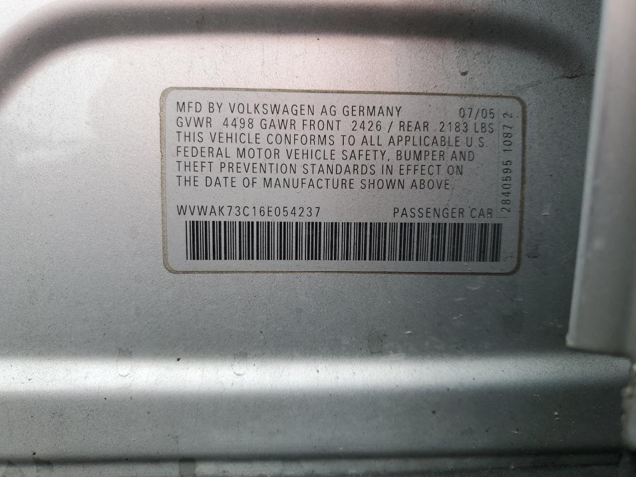 2006 Volkswagen Passat 2.0T VIN: WVWAK73C16E054237 Lot: 64454314