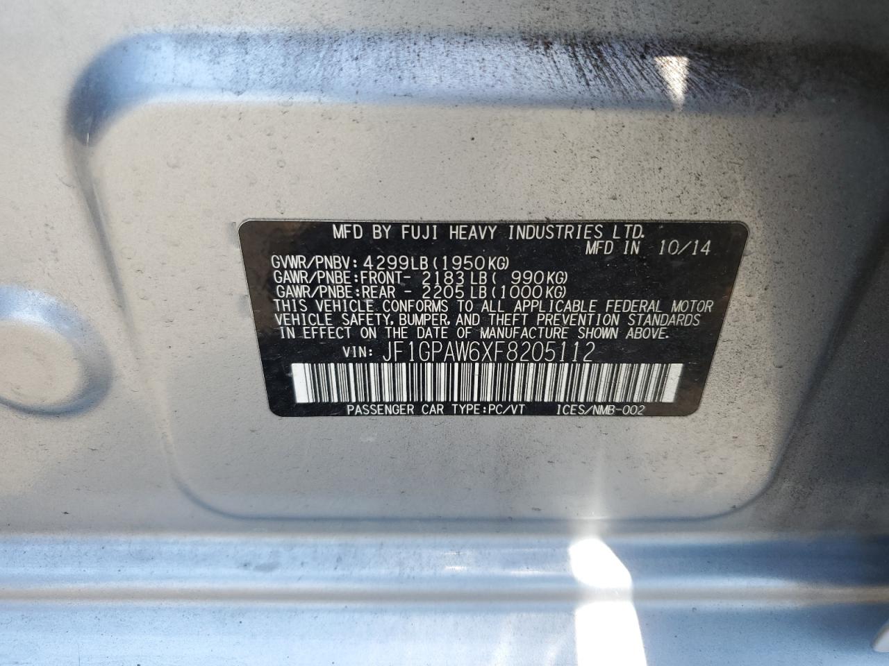 2015 Subaru Impreza Sport Limited VIN: JF1GPAW6XF8205112 Lot: 62888764