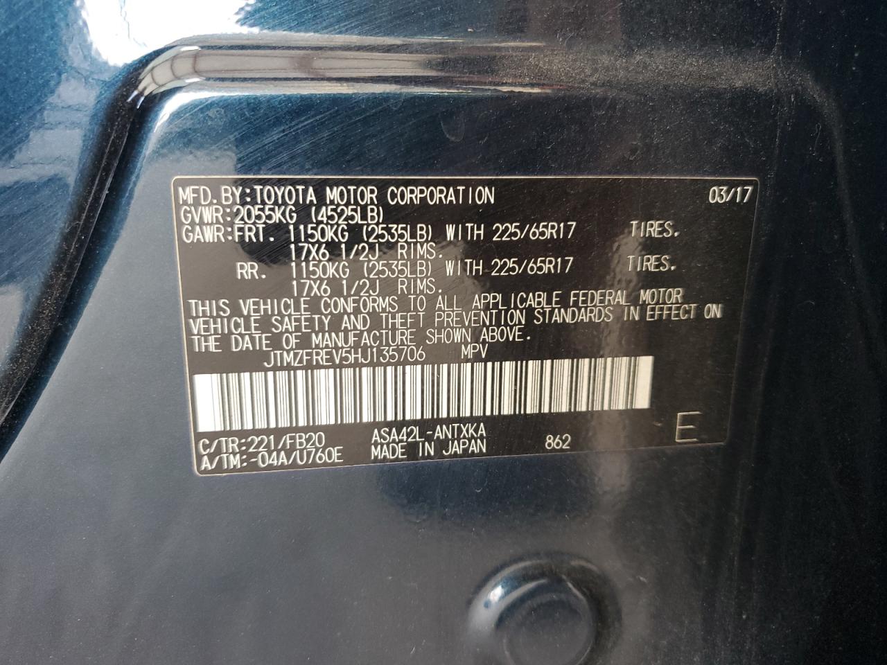 2017 Toyota Rav4 Le VIN: JTMZFREV5HJ135706 Lot: 63644704