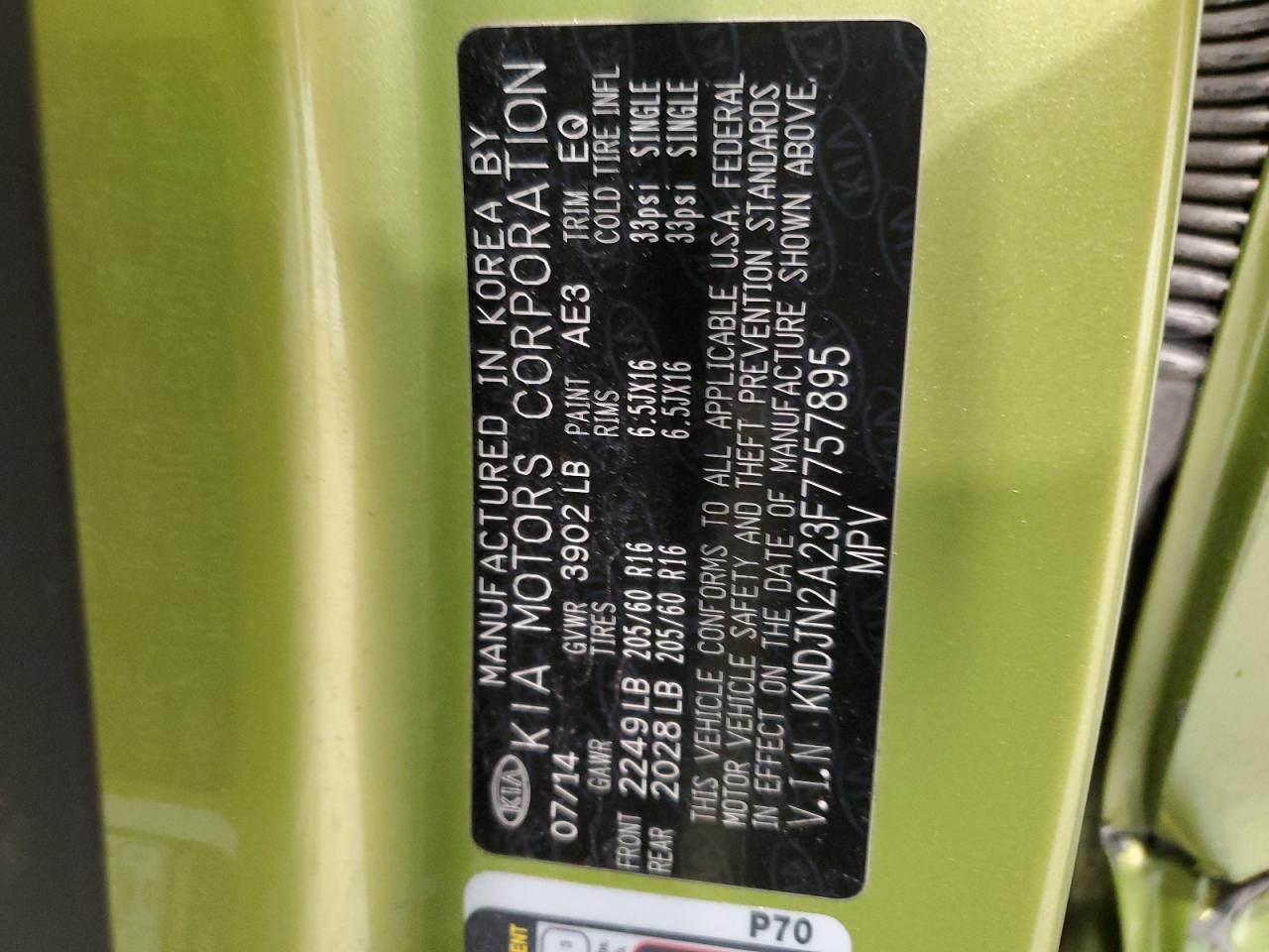 2015 Kia Soul VIN: KNDJN2A23F7757895 Lot: 63430724