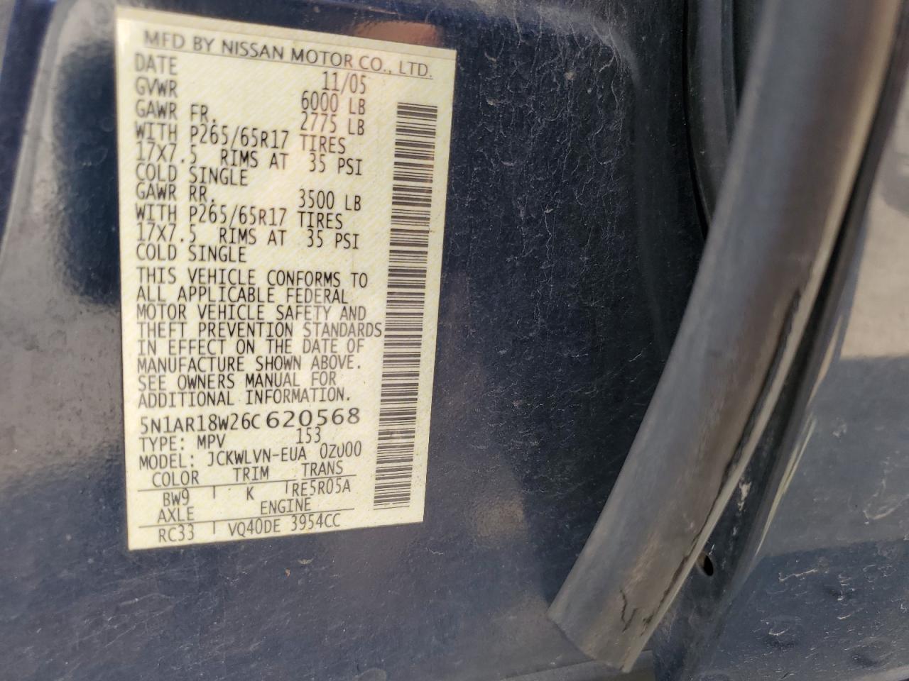 2006 Nissan Pathfinder Le VIN: 5N1AR18W26C620568 Lot: 62366284