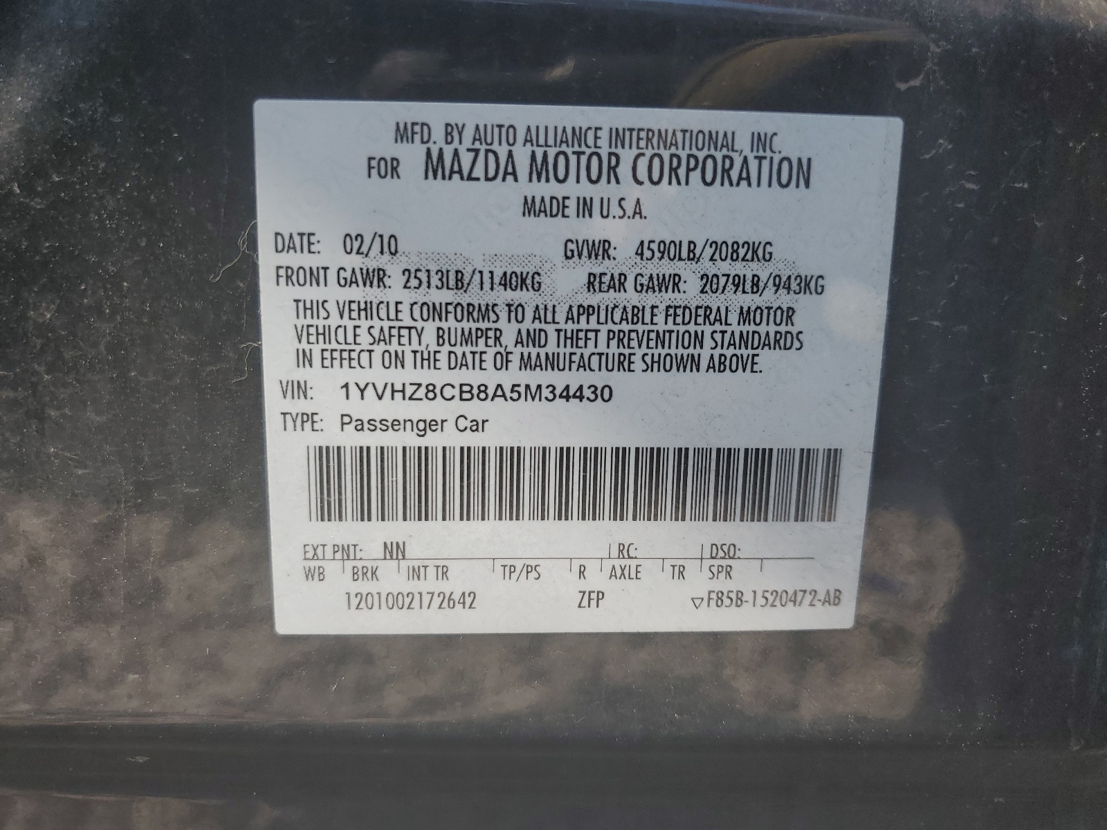 1YVHZ8CB8A5M34430 2010 Mazda 6 S