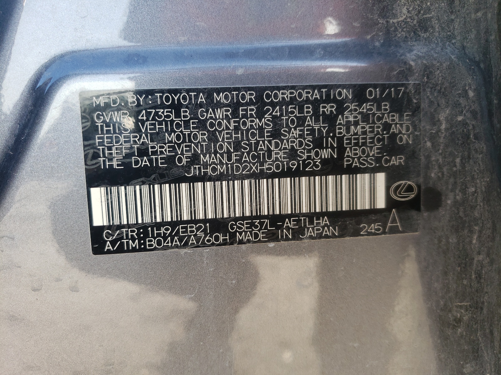 JTHCM1D2XH5019123 2017 Lexus Is 300