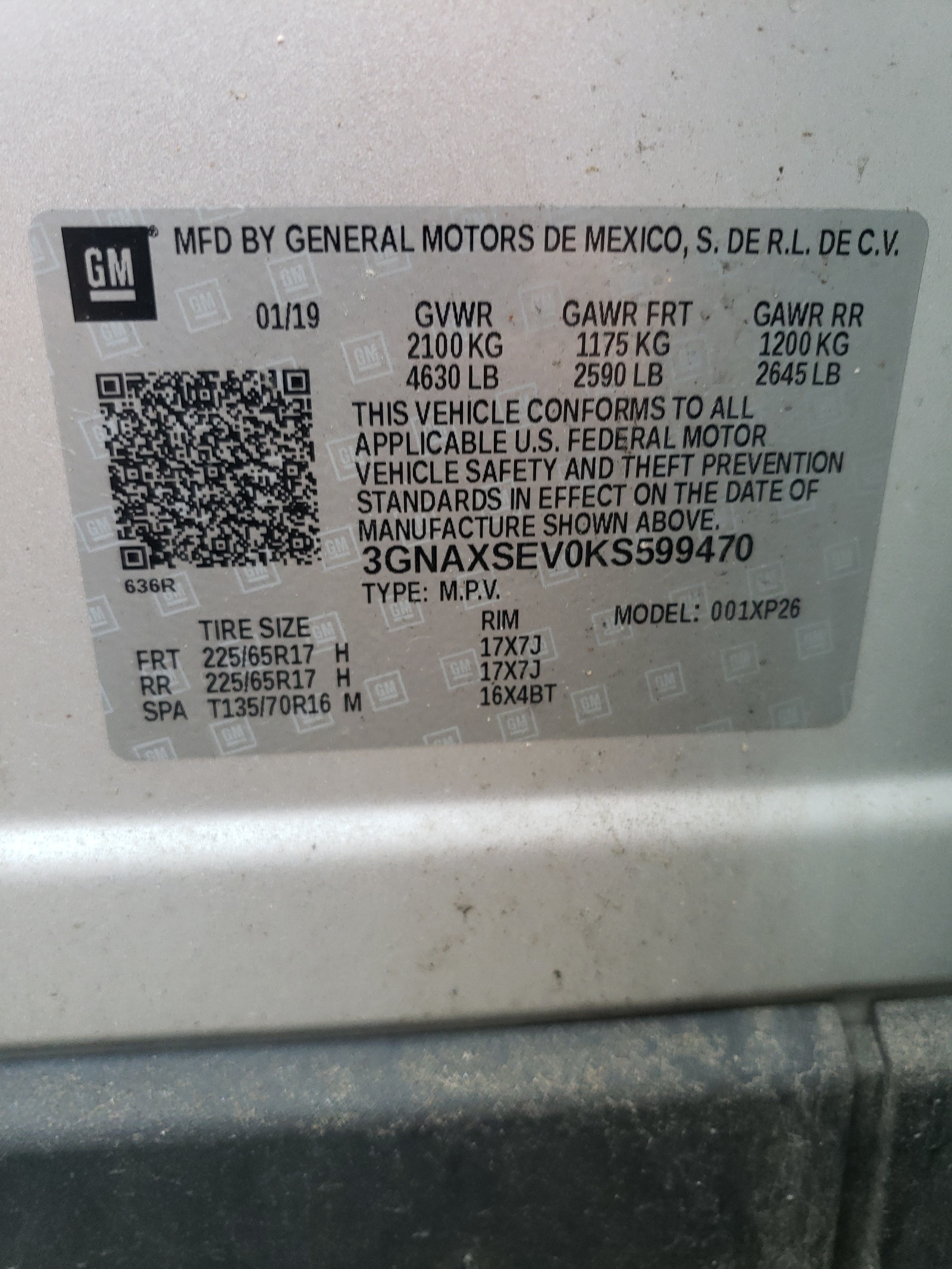 2GNAXUEV2K6197458 2019 Chevrolet Equinox Lt